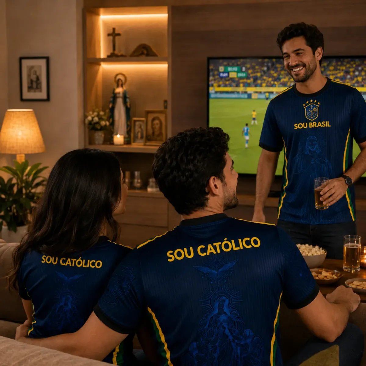 Amigos jogando futebol com a Camisa Sou Católico